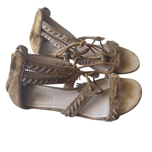 Coach Via Demi Wedge Sandals US 9.5B Brown Suede Lace-Up Gladiator Tassel - Picture 2 of 9